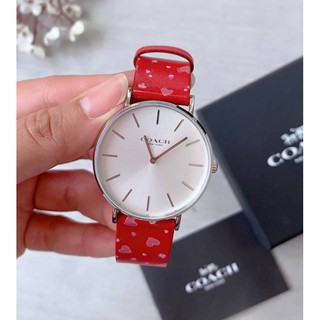 (ผ่อน0%) นาฬิกา Coach รุ่น 14503228 ปัดกลม สแตนเลส ขนาด 36mm สายหนังสีแดง ลายหัวใจ