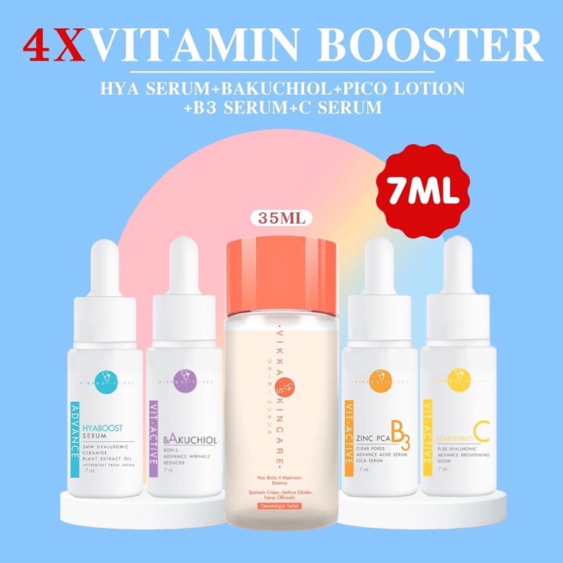VIKKASKINCARE [Pico Lotion 35 ml + Vit A 5%BAKUCHIOL 7ml + B3 Serum 7ml + Vit C 7ml + Hya serum 7 ml