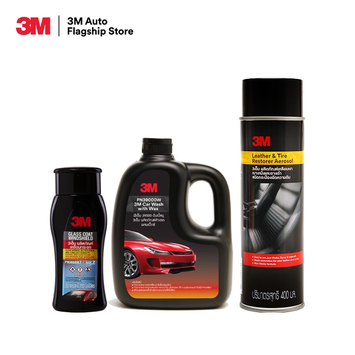 3M Set แชมพูล้างรถ ขนาด 1000 Ml. PN39000W + เคลือบกระจกป้องกันหยดน้ำเกาะ PN08889LT + PN39041A เคลือบ
