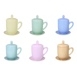 PEARL แก้วเนื้อมุก แก้วชาพร้อมฝาและจานรองขอบทอง มีให้เลือก 6 สี