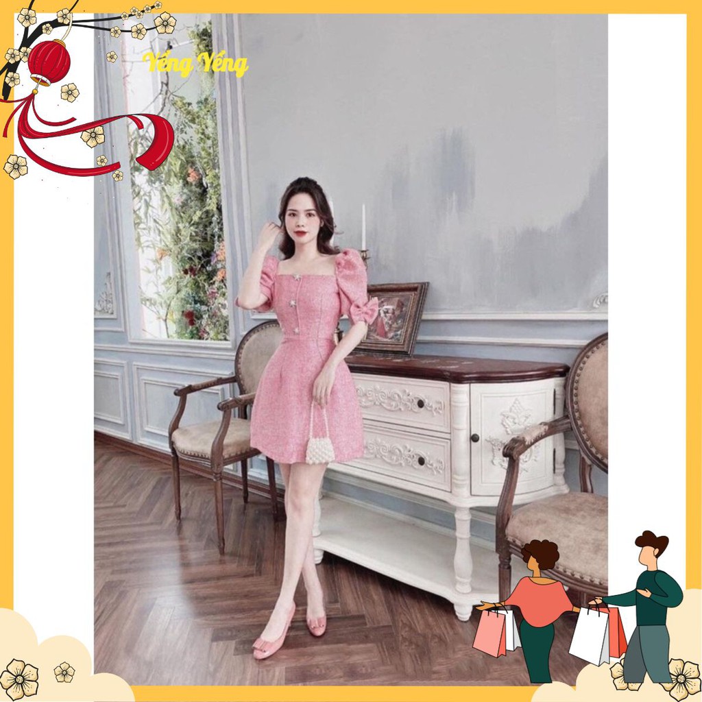 VNU0019 - ชุดสีชมพูคอสแควร์พร้อมดอกไม้หยก