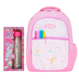 Smiggle กระเป๋าเป้สะพายหลังพร้อมปากกามาร์คเกอร์สี 6 แท่งพร้อมขวดน้ำ 650 มล. Live DIY Backpack and Bottle School Bundle