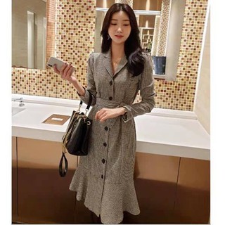 พร้อมส่ง 🛍🎉 เดรสโค้ท ทรง Oversize ลายสก็อตสีเทา โคเรียสุดด งาน 2 ชิ้น เดรส+เข็มขัด