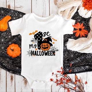 ชุดจั๊มสูท แขนสั้น พิมพ์ลาย My First Halloween สีขาว สําหรับเด็กทารกแรกเกิด