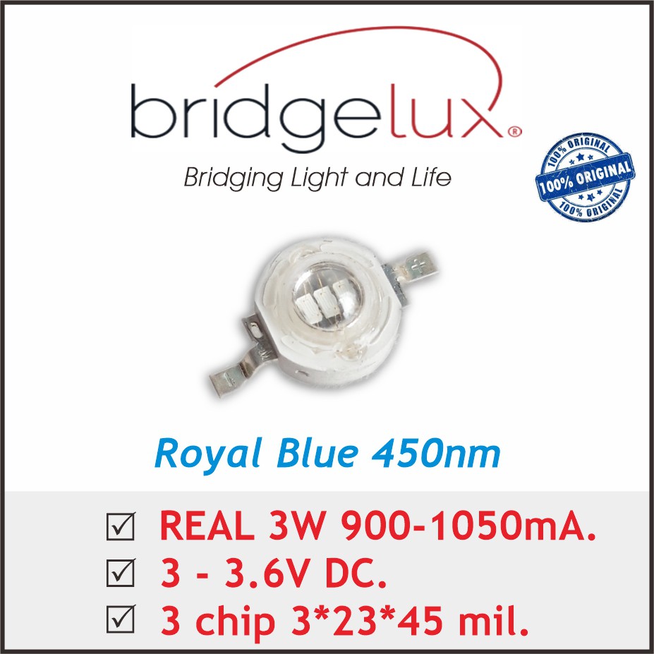 LED HPL 3W Real 3 Chip 1050mA Royal Blue 450nm Bridgelux