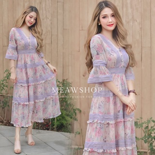 Maxidress สไตล์ วินเทจ S-XL เดรสลายดอก สีชมพู ชุดเพื่อนเจ้าสาว ไปทะเล ออกงาน ไปงาน สาวอวบ อ้วน Patcha