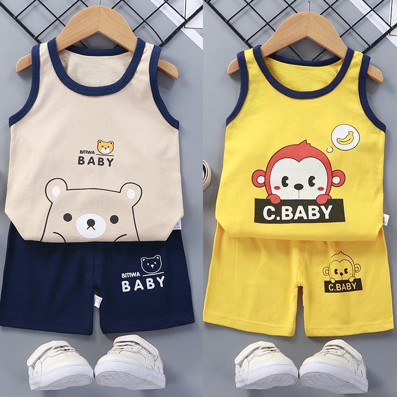 【ชุด】เสื้อผ้าเด็กชุดสูทเด็กแขนสั้น ผ้าคอตตอนเครื่องแต่งกายการ์ตูนเด็กของขวัญสำหรับเด็ก เสื้อกล้ามเด็กแขนสั้น ชุดนอนเด็ก