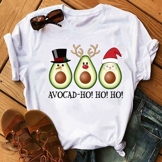 เสื้อยืดผ้าฝ้าย เสื้อยืดคริสต์มาสFunny Avocado Christmas Print Womens Tops Casual Girls Simple Tops Womens Round Neck