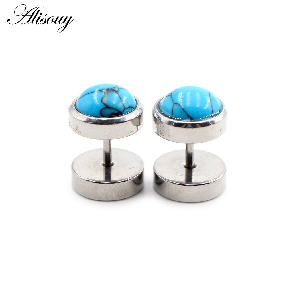 Alisouy 2 ชิ้น สเตนเลส ต่างหูพังก์ หินธรรมชาติ โอปอล ผู้ชาย ผู้หญิง บาร์เบล ดัมเบล ต่างหูกระดุม ต่างหู Tragus Helix เจาะ เครื่องประดับ