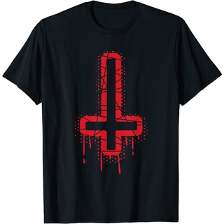 เสื้อยืดโอเวอร์ไซส์เสื้อยืดผ้าฝ้ายแท้ แขนสั้น คอปก พิมพ์ลาย Upside Down Cross Satanic Hail Satan 666 คุณภาพสูงS-3XL