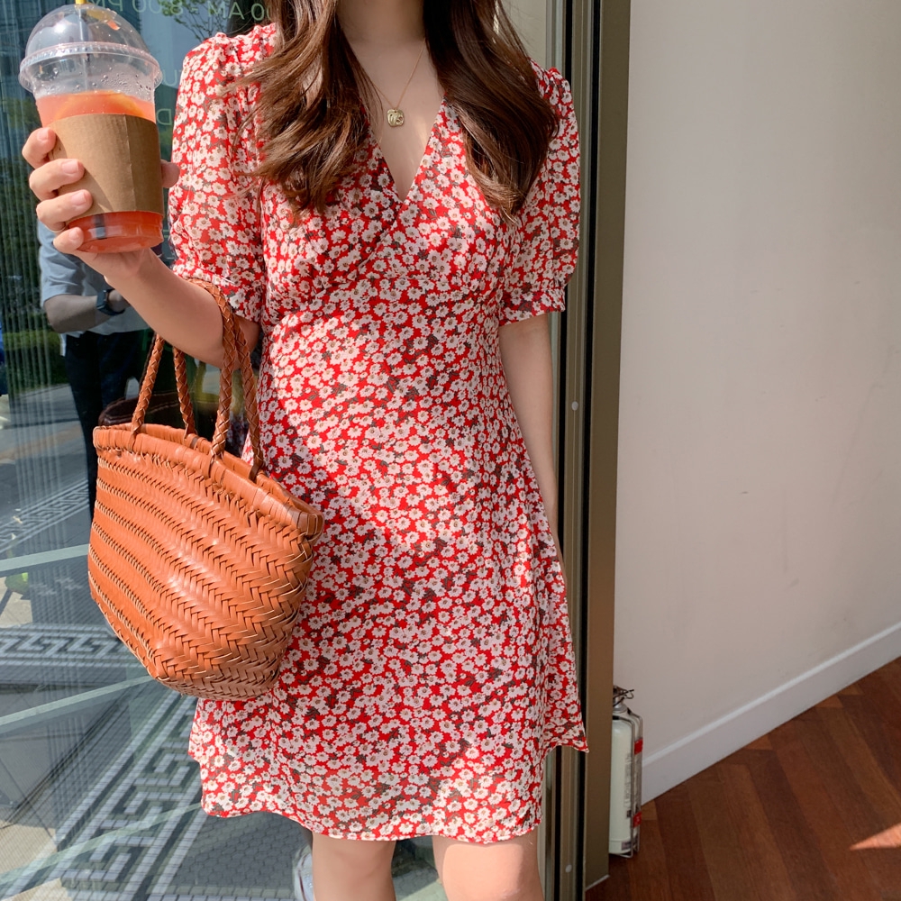 ชุดเดรสสั้นคอวีผ้าชีฟองลายดอกไม้สไตล์เกาหลี dress