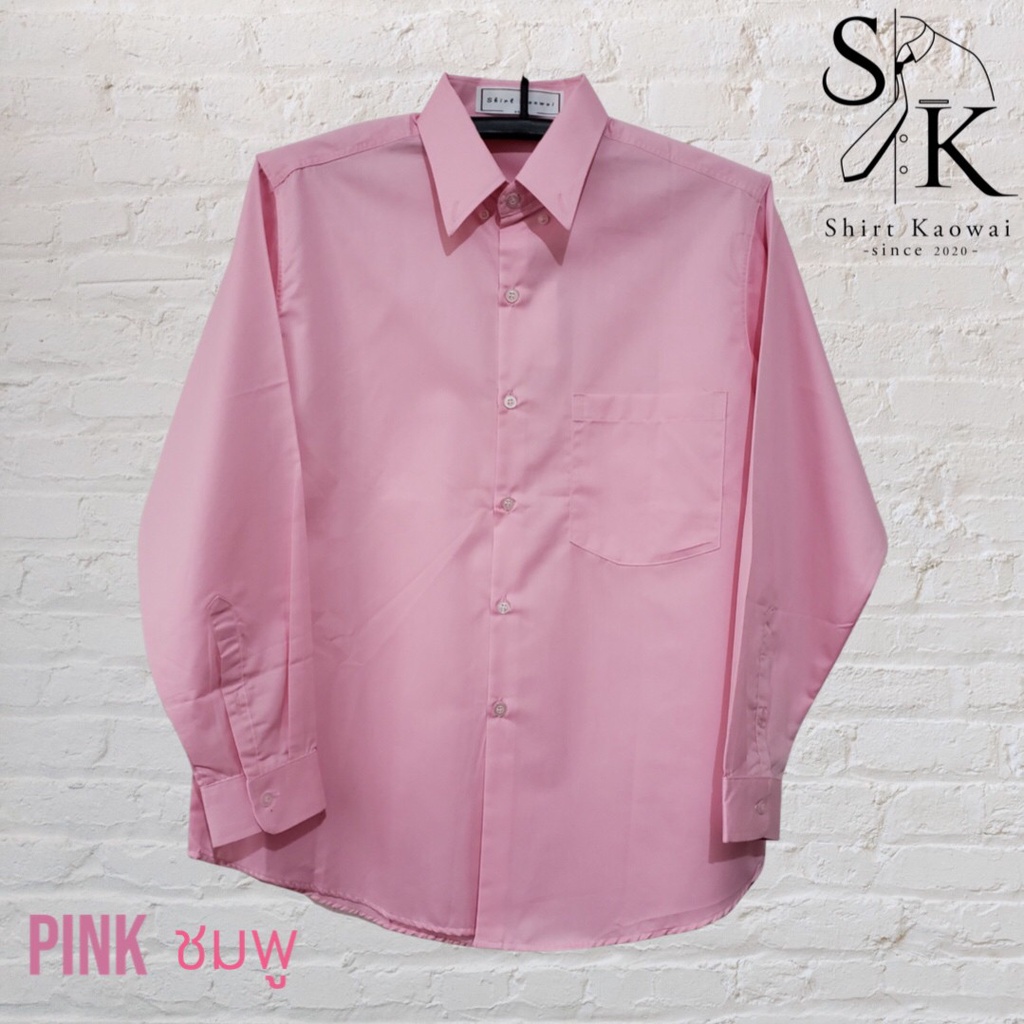 เสื้อเชิ้ตแขนยาว ผู้ชาย คอปกมีกระดุม ทรงตรง สีชมพู (Pink) ผ้าคอมพ์ทวิว(Comb Twill) คนอ้วน ตัวใหญ่มีไ