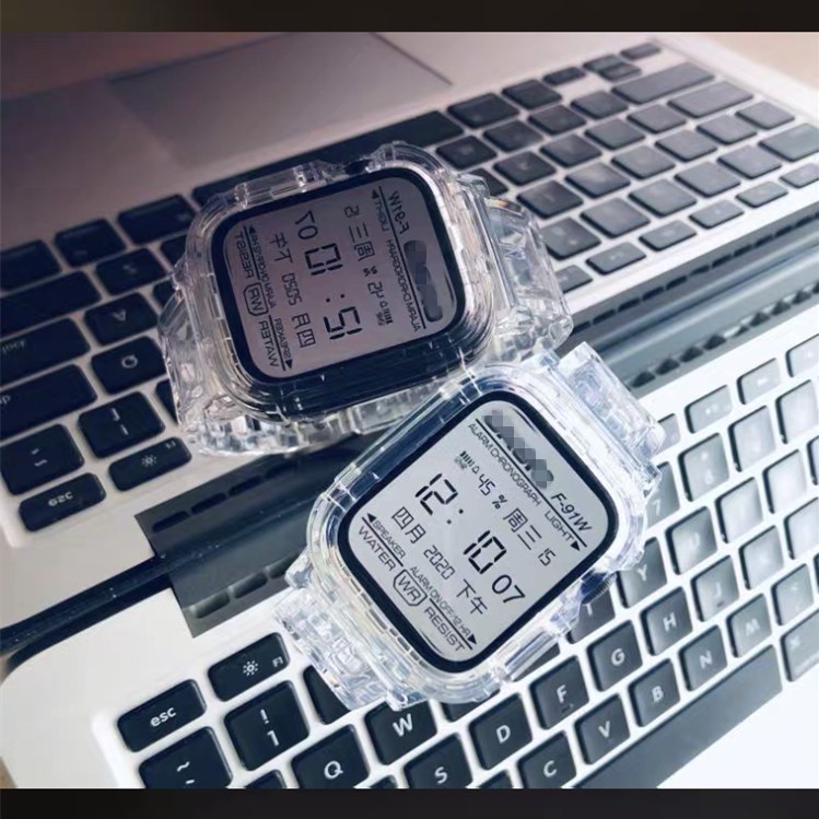 สมาร์ทวอทช์ สายนาฬิกาข้อมือซิลิโคน ของแท้ 100% สายนาฬิกาข้อมือเข็มกลัดรูแบบคู่ สีใส พร้อมเคส สำหรับ Apple Watch series 6