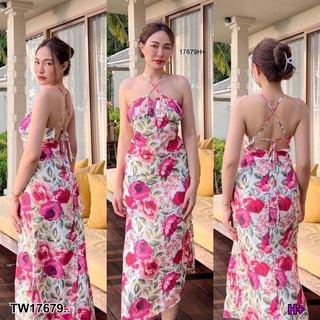 SS17679 แม็กซี่เดรสยาว ลายดอกไม้ เชือกสานหลัง Long maxi dress with floral print, weave string at the back