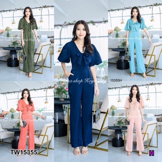 👗Pfashion [ส่งไว!!🚛] P15355 จั้มยาวแขนบอลลูนอกหน้าผูกโบว์