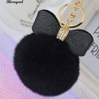 Faux กระต่ายขน Pom Pom Pomp ปุยลูก Bowknot รถกระเป๋าพวงกุญแจ Keychain แหวน