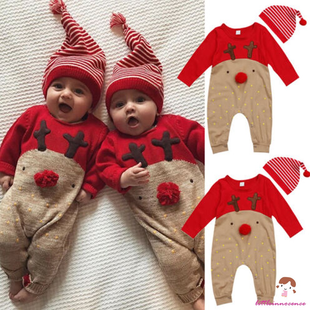 Xzq-ทารกแรกเกิดเด็กทารกเด็กหญิงคริสต์มาส Reindeer Romper Jumpsuit เสื้อผ้าชุด + หมวก