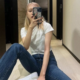 เสื้อยืดลําลอง คอกลม แขนสั้น พิมพ์ลาย Blackpink Rose Ulzzang สีขาว