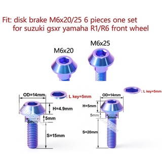 RTAMO ไทเทเนียม Gr5 R1 R6 จานดิส เรียบ มีบ่า น็อตจานดิส มีบ่า M6x20 25L(#10) มีบ่า ใส่ Suzuki GSXR1000 6 ชิ้น ต่อชุด