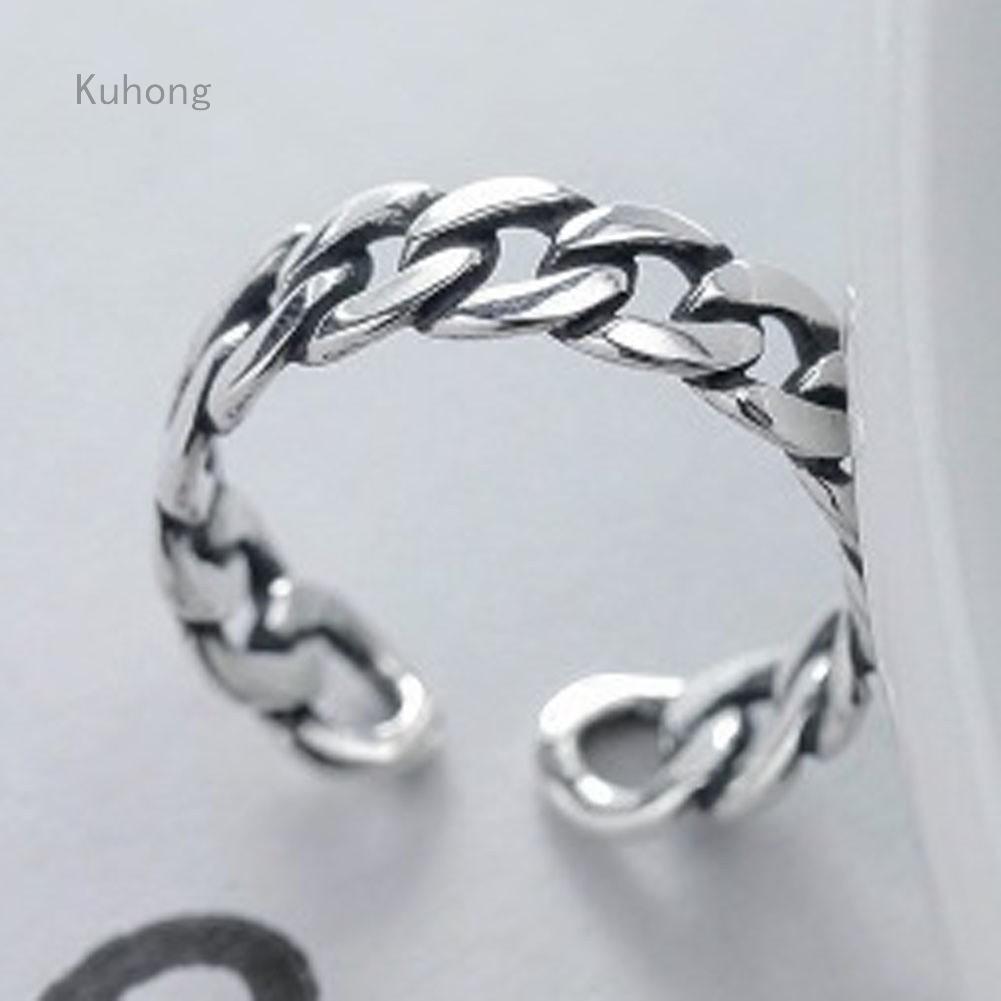 New S925 Rings Female Jewelry Cool Silver Retro Square Ring Chain Opening Rings