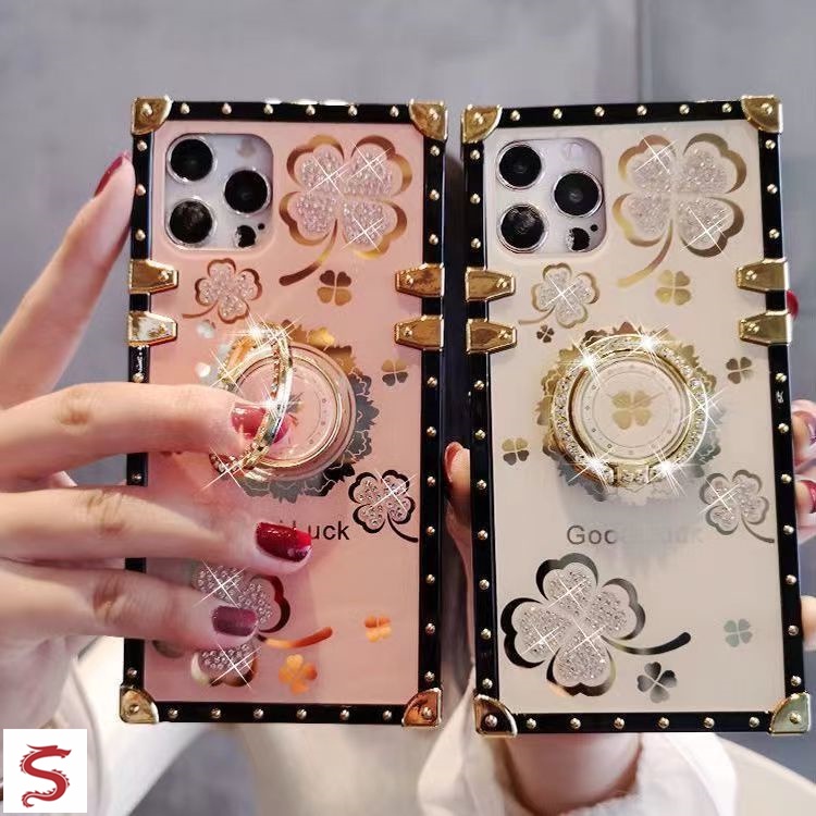 ปลอก iphone 15 Pro Max 16 17 14 13 12 11 Pro Max XS XR 8 7 6 Plus แฟชั่น Diamond Clover เคสกันกระแทกพร้อมที่วางแหวน