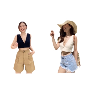 VZap Top🤍 เสื้อสายเดี่ยววีหน้าผ้าลินินพร้อมส่ง