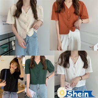 Shein 🔥พร้อมส่ง เสื้อเชิ้ตคอวีแขนสั้น  เสื้อครอปแขนสั้น เสื้อใส่สบาย พร้อมปุ่มตกแต่งด้านหน้า5สี  W209