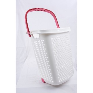 ตะกร้าผ้า ล้อลากใบใหญ่ ขนาด49x38.5x62cm หูสีชมพู BK137-2 Laundry basket