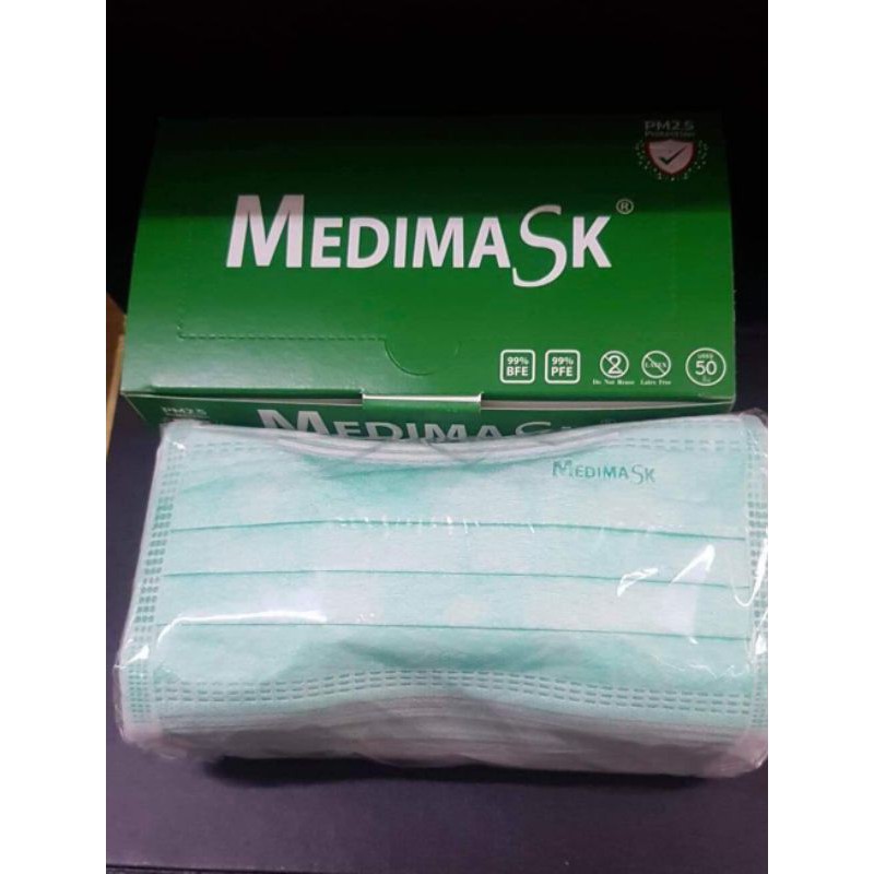 (ผลิตในไทย เกรดโรงพยาบาล!!!) พร้อมส่ง Medimask หน้ากากอนามัย สีเขียว 50 ชิ้น