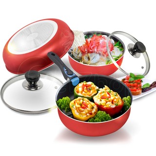 Delicious กระทะ หม้อ ชุดหม้อเคลือบเทฟลอน รุ่น JF-L07-6 Set 6 ชิ้น (Red)