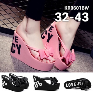 รองเท้าแตะส้นเตารีด 32-43 ไซส์เล็ก ไซส์ใหญ่ LOVE JUICY ติดโบว์ KR0601BW