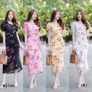 N2790Maxidressลายดอกน่ารักๆ ดีเทลแต่งผ้าระบายมีโบว์ผูกรูดกระโปรงด้านหน้า