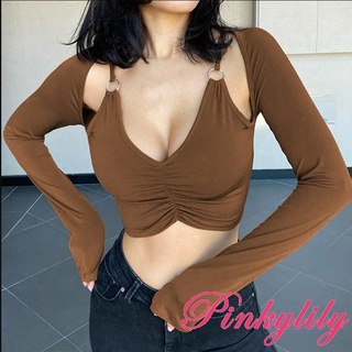 Pink- เสื้อครอปท็อปลําลอง แขนยาว คอวีลึก หรูหรา สีพื้น แฟชั่นฤดูร้อน สําหรับผู้หญิง