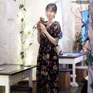 PP3452  Maxi Dress ยาว แขนสั้น ผ้าไหมอิตาลี่ พิมพ์ลายดอกไม้สีสันสดใสทั้งชุด