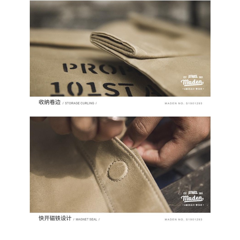 Maden brand men's gentleman simple handbag American retro military style oil wax canvas handbag khaki casual 8oz cotton handmade printing bag