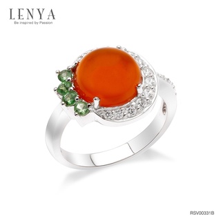 Lenya Jewelry แหวนคาร์เนเลี่ยน เงินแท้ 925 ชุบทองขาวสีส้มคาร์เนเลี่ยน สีเขียวซาโวไรต์ ด้วย คิวบิกเซอร์โคเนีย