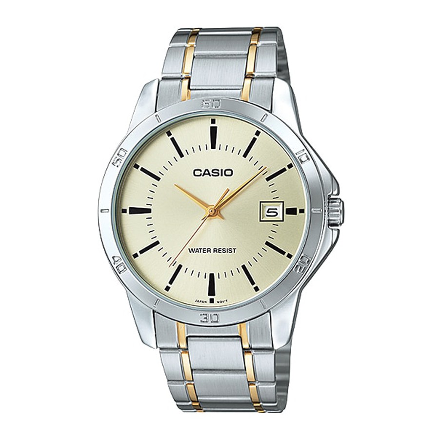 Casio Standard นาฬิกาข้อมือผู้ชาย สายสแตนเลส รุ่น MTP-V004,MTP-V004SG,MTP-V004SG-9A - สีเงินสลับทอง