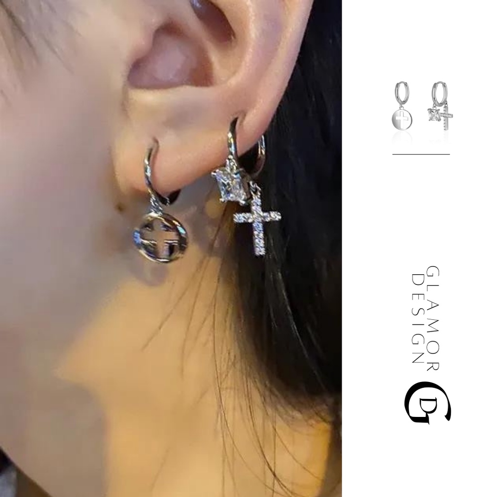 GLAMOR✨ต่างหูไม้กางเขน CROSS ของขวัญ Valentine ต่างหูเงินแท้ ต่างหูเพชร cz ต่างหูแฟชั่น ตุ้มหูเงินแท้ ต่างหูผู้หญิง