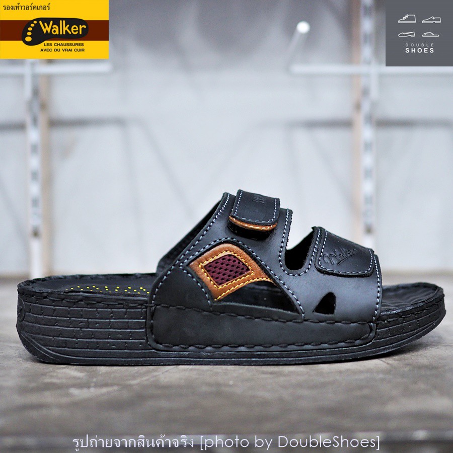 Walker รองเท้าแตะหนังแท้  พื้นนุ่ม งานเย็บ รุ่น WB723 สีดำ ไซส์ 40-46