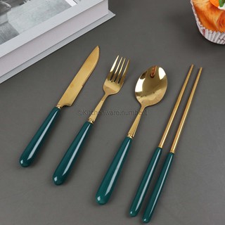 KITCHENWARE_NUMBER1 (ชุด5ชิ้น) ช้อน+ส้อม+มีด+ตะเกียบสีทองด้ามจับเซรามิคแท้