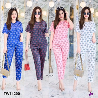 JK14200 Set #สาวอวบ เสื้อแขนสั้น+กางเกงขา4ส่วน ผ้ากำมะหยี่ลายแบรนด์