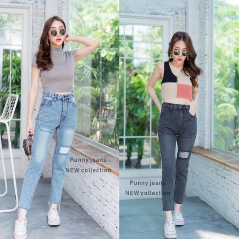 🛍🛒มีไซส์ใหญ่ S-40กางเกงยีนขากระบอกเล็กทรงบอยเอวสูง สวยรุ่นนี้ผ้าไม่ยืดมี2สี สวยมากๆต้องจัด