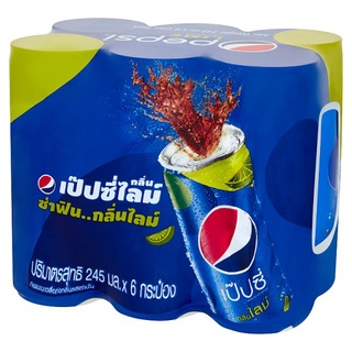 🔥ยอดนิยม!! เป๊ปซี่ เครื่องดื่มอัดลม กลิ่นไลม์ 245มล. x 6 กระป๋อง Pepsi Lime Flavour Cola Soft Drink 245ml x 6 Cans