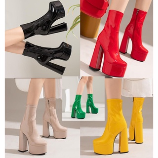 รองเท้าบูทสั้นส้นสูง 6 นิ้ว ไซส์ 35-43 สีดำ/แดง/เหลือง/นู๊ด/เขียว