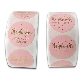 &lt;พร้อมส่ง&gt; สติ๊กเกอร์ ขอบคุณ Thank you / Hand Made 500 ดวง Thank you Sticker โทนชมพูพิมพ์ทอง