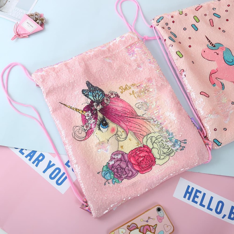 Milanberry UNICORN MERMAID REVERSE SEQUIN STRING BAG กระเป๋าหูรูดของขวัญ