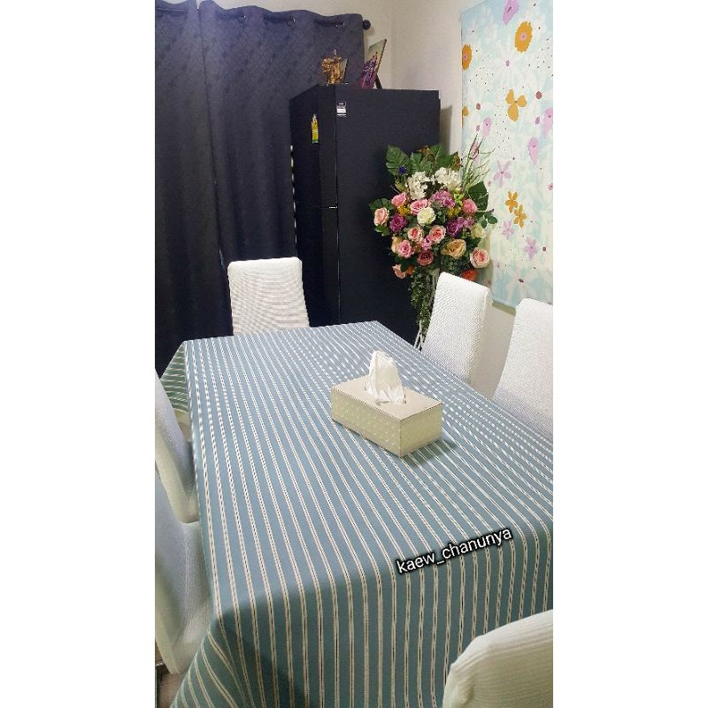 #ผ้าปูโต๊ะอาหาร  pvc เกรด premium สีฟ้า สลับ ขาว กันน้ำ 100%  กันร้อนได้ดี  ขนาด 1.4m x 2m ทำความสะอาดง่าย ผ้าสวย
