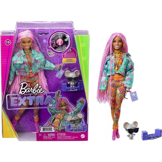 Barbie Extra Doll #10 in Floral-Print Jacket &amp; Jogger Set with DJ Mouse Pet, Extra-Long Pink Braids