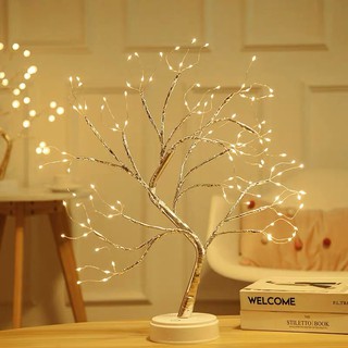 โคมไฟต้นไม้ LED โคมไฟ LED โคมไฟตั้งโต๊ะ พร้อมสาย USB ต้นไม้สีทอง ไฟสีขาวอุ่น ตกแต่งห้อง โคมไฟหัวเตียง โคมไฟมินิมอล