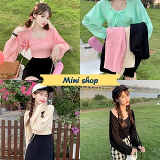 Mini shop🌸พร้อมส่ง🌸 เซ็ท เสื้อสายเดี๋ยวไหมพรม+เสื้อคลุมแขนยาว ผูกเชือกด้านหน้าได้น่ารักมาก (10032)